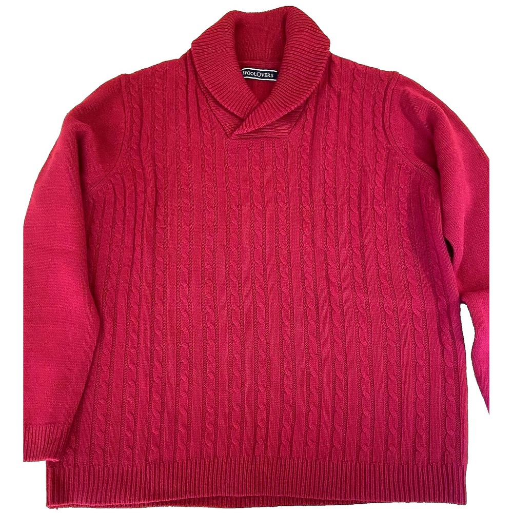 WoolOvers Mens Large 100% Wool Cable Knit Sweater Shawl Collar Fisherman Red